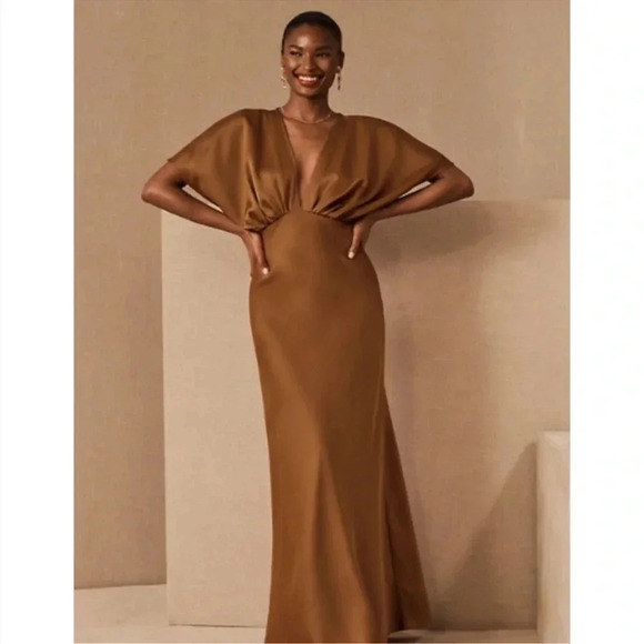 NWT Anthropologie BHLDN Amelia Deep V Satin Gown Maxi Dress Long in Rust Brown 4 - Picture 1 of 16